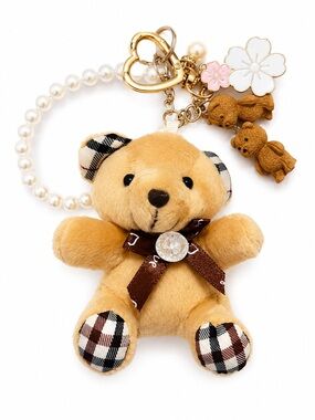 Bear Plush Keychain with Pearl Loop - Brown